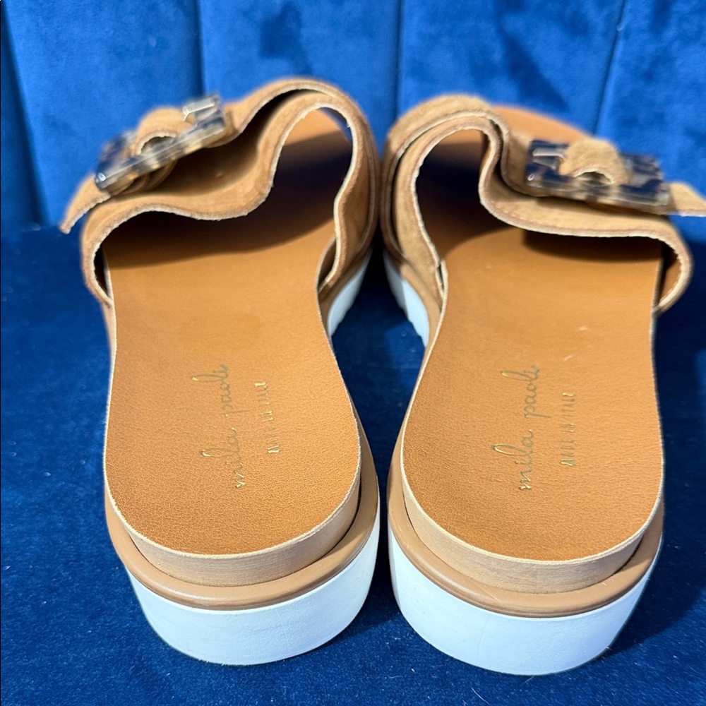 Mila Paoli Camel Suede Slide Sandals with Tortoise Buckle Size 7.5 - Picture 3 of 6